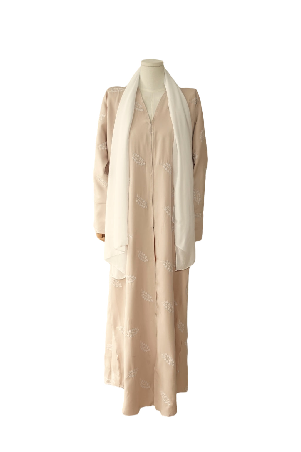 Beige Leaf Embroidery – 2-Piece Abaya Set