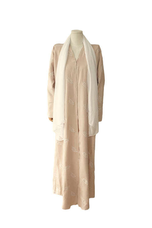Beige Leaf Embroidery – 2-Piece Abaya Set