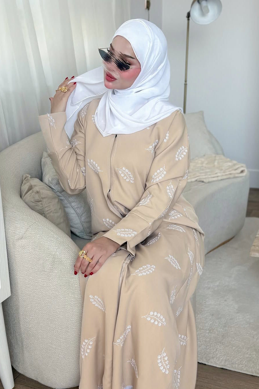 Beige Leaf Embroidery – 2-Piece Abaya Set
